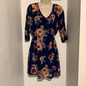 Dress, floral sheer over solid blue underneath